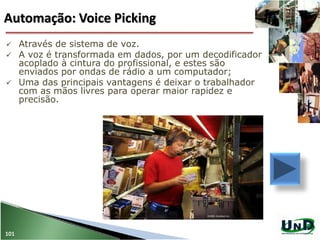 Automação: Voice Picking
101
 Através de sistema de voz.
 A voz é transformada em dados, por um decodificador
acoplado à cintura do profissional, e estes são
enviados por ondas de rádio a um computador;
 Uma das principais vantagens é deixar o trabalhador
com as mãos livres para operar maior rapidez e
precisão.
 