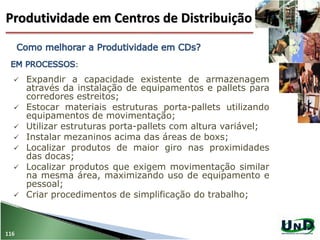 116
:
 Expandir a capacidade existente de armazenagem
através da instalação de equipamentos e pallets para
corredores estreitos;
 Estocar materiais estruturas porta-pallets utilizando
equipamentos de movimentação;
 Utilizar estruturas porta-pallets com altura variável;
 Instalar mezaninos acima das áreas de boxs;
 Localizar produtos de maior giro nas proximidades
das docas;
 Localizar produtos que exigem movimentação similar
na mesma área, maximizando uso de equipamento e
pessoal;
 Criar procedimentos de simplificação do trabalho;
Produtividade em Centros de Distribuição
 