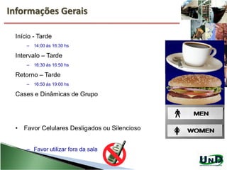 Informações Gerais
Início - Tarde
– 14:00 às 16:30 hs
Intervalo – Tarde
– 16:30 às 16:50 hs
Retorno – Tarde
– 16:50 ás 19:00 hs
Cases e Dinâmicas de Grupo
• Favor Celulares Desligados ou Silencioso
– Favor utilizar fora da sala
 