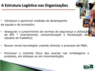 A Estrutura Logística nas Organizações
• Introduzir e gerenciar medidas de desempenho
da equipe e do armazém;
• Assegurar o cumprimento de normas de segurança e utilização
de EPI * (treinamento, conscientização e fiscalização das
equipes de trabalho);
• Buscar novas tecnologias visando otimizar o processo de M&A;
• Promover o controle físico das avarias nas embalagens e
produtos, em estoque ou em movimentação;
 