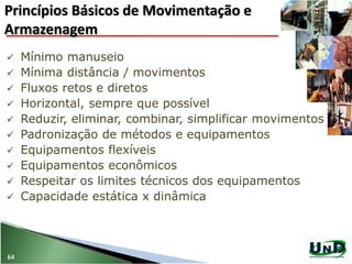 Princípios Básicos de Movimentação e
Armazenagem
64
 Mínimo manuseio
 Mínima distância / movimentos
 Fluxos retos e diretos
 Horizontal, sempre que possível
 Reduzir, eliminar, combinar, simplificar movimentos
 Padronização de métodos e equipamentos
 Equipamentos flexíveis
 Equipamentos econômicos
 Respeitar os limites técnicos dos equipamentos
 Capacidade estática x dinâmica
 