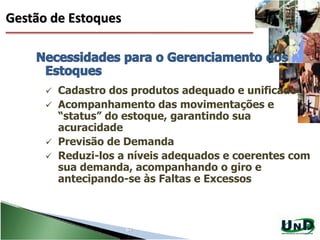 67
Gestão de Estoques
 Cadastro dos produtos adequado e unificado
 Acompanhamento das movimentações e
“status” do estoque, garantindo sua
acuracidade
 Previsão de Demanda
 Reduzi-los a níveis adequados e coerentes com
sua demanda, acompanhando o giro e
antecipando-se às Faltas e Excessos
 