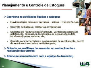 68
Planejamento e Controle de Estoques
 Movimentação manuais: entradas – saídas – transferências, etc;
 Controle de Estoque: relatórios, inventários;
 Cadastro de Produto: liberar produto, verificando norma de
paletização, dimensões, localização no depósito/gôndolo
(endereço), peso, volume, etc;
 Contato com fornecedores: programação de recebimento, acerto
de vencidos e avariados, contatos geral;
 