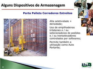 Alta seletividade +
densidade;
Uso de empilhadeiras
trilaterais e / ou
selecionadoras de pedidos
e / ou transelevadores
controlados por softwares;
Permite também a
utilização como Auto
Portante;
Porta Pallets Corredores Estreitos
77
Alguns Dispositivos de Armazenagem
 