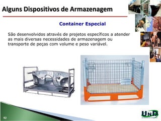 São desenvolvidos através de projetos específicos a atender
as mais diversas necessidades de armazenagem ou
transporte de peças com volume e peso variável.
Container Especial
92
Alguns Dispositivos de Armazenagem
 