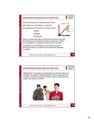 ESTRATÉGIAS DE RESOLUÇÃO DE CONFLITOS

                              Conflitos não podem ser totalmente eliminados.
                              Mas podem ser minimizados ou resolvidos.
CURSO “GESTÃO DE CONFLITOS”




                              As estratégias de resolução de conflitos incluem:
                                               Ignorar
                                               Dissipar
                                               Confrontar
                              Ignorar e dissipar são táticas questionáveis porque raramente
                              se identificam e se discutem as fontes e causas dos conflitos.
                              Em conseqüência, o problema poderá ocorrer novamente.
                              A estratégia de confrontação é mais adequada porque
                              enfoca as causas e os possíveis mecanismos de resolução
                              do conflito.


                                       Milton Roberto de Almeida – mra030787@yahoo.com.br           53




                              ESTRATÉGIAS DE RESOLUÇÃO DE CONFLITOS


                              Alerta prévio – atividades de antecipação de conflitos (crises) com
                              o objetivo de identificar, antecipadamente, fatores organizacionais
                              (estrutura, ambiente, processos, líderes, grupos ou indivíduos) que
CURSO “GESTÃO DE CONFLITOS”




                              possam dar origem a conflitos.




                                       Milton Roberto de Almeida – mra030787@yahoo.com.br           54




                                                                                                         27
 