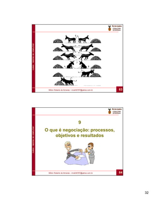 CURSO “GESTÃO DE CONFLITOS”




                               Milton Roberto de Almeida – mra030787@yahoo.com.br   63




                                                                9
CURSO “GESTÃO DE CONFLITOS”




                              O que é negociação: processos,
                                  objetivos e resultados




                               Milton Roberto de Almeida – mra030787@yahoo.com.br   64




                                                                                         32
 