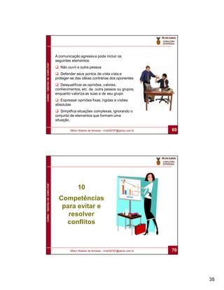 A comunicação agressiva pode incluir os
                              seguintes elementos:
CURSO “GESTÃO DE CONFLITOS”




                               Não ouvir a outra pessoa
                               Defender seus pontos de vista vista e
                              proteger-se das idéias contrárias dos oponentes
                               Desqualificar as opiniões, valores,
                              conhecimentos, etc. da outra pessoa ou grupos,
                              enquanto valoriza as suas e de seu grupo
                               Expressar opiniões fixas, rígidas e visões
                              absolutas
                               Simplifica situações complexas, ignorando o
                              conjunto de elementos que formam uma
                              situação.

                                       Milton Roberto de Almeida – mra030787@yahoo.com.br   69
CURSO “GESTÃO DE CONFLITOS”




                                            10
                                Competências
                                 para evitar e
                                   resolver
                                  conflitos



                                       Milton Roberto de Almeida – mra030787@yahoo.com.br   70




                                                                                                 35
 