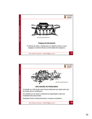 CURSO “GESTÃO DE CONFLITOS”




                                                     http://www.squarewheels.com/




                                                       TRABALHO EM EQUIPE
                                   O esforço de todos, voltado para um objetivo comum, é que
                                     assegura a sobrevivência e continuidade dos negócios.


                                      Milton Roberto de Almeida – mra030787@yahoo.com.br                                  77
CURSO “GESTÃO DE CONFLITOS”




                                                                                           http://www.squarewheels.com/




                                                  NÃO IGNORE OS PROBLEMAS
                              A omissão e a inércia são duas forças poderosas que agem para que
                              as coisas não se modifiquem.
                              Um problema é um ponto vulnerável da organização e deve ser
                              imediatamente solucionado.
                              Qualidade Total é fundamental para o sucesso competitivo.

                                      Milton Roberto de Almeida – mra030787@yahoo.com.br                                  78




                                                                                                                               39
 