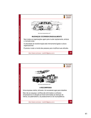 CURSO “GESTÃO DE CONFLITOS”




                                                        http://www.squarewheels.com/


                                            MUDANÇAS OCORREM GRADUALMENTE
                               Nem todas as organizações agem para mudar rapidamente, embora
                               o mercado exija.
                               A velocidade de transformação está intimamente ligada à cultura
                               organizacional.
                               É preciso mudar a mente das pessoas para modificar suas atitudes.


                                      Milton Roberto de Almeida – mra030787@yahoo.com.br           81
CURSO “GESTÃO DE CONFLITOS”




                                                        http://www.squarewheels.com/


                                                           A RECOMPENSA
                              Uma empresa melhor, eficiente. Um excelente lugar para trabalhar.
                              Mas não se esqueça: conflitos são eliminados e a eficácia
                              empresarial só é atingida se forem eliminadas as doenças da
                              inércia, do paternalismo, do protecionismo e da incompetência.


                                      Milton Roberto de Almeida – mra030787@yahoo.com.br           82




                                                                                                        41
 