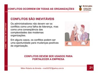 CONFLITOS OCORREM EM TODAS AS ORGANIZAÇÕES



                               CONFLITOS SÃO INEVITÁVEIS
CURSO “GESTÃO DE CONFLITOS”




                               Os administradores não devem ver os
                               conflitos como uma falha de liderança, mas
                               como uma conseqüência das
                               complexidades das modernas
                               organizações.
                               Em alguns casos, os conflitos podem ser
                               uma oportunidade para mudanças positivas
                               da organização.



                                           CONFLITOS DEVEM SER USADOS PARA
                                                FORTALECER A EMPRESA


                                        Milton Roberto de Almeida – mra030787@yahoo.com.br   21
 