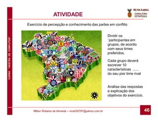 ATIVIDADE
                              Exercício de percepção e conhecimento das partes em conflito


                                                                                      Dividir os
CURSO “GESTÃO DE CONFLITOS”




                                                                                      ´participantes em
                                                                                      grupos, de acordo
                                                                                      com seus times
                                                                                      preferidos.

                                                                                      Cada grupo deverá
                                                                                      escrever 10
                                                                                      características ......
                                                                                      do seu pior time rival


                                                                                      Análise das respostas
                                                                                      e explicação dos
                                                                                      objetivos do exercício.



                                 Milton Roberto de Almeida – mra030787@yahoo.com.br                             46
 