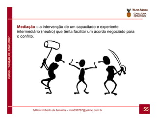 Mediação – a intervenção de um capacitado e experiente
                              intermediário (neutro) que tenta facilitar um acordo negociado para
                              o conflito.
CURSO “GESTÃO DE CONFLITOS”




                                       Milton Roberto de Almeida – mra030787@yahoo.com.br           55
 