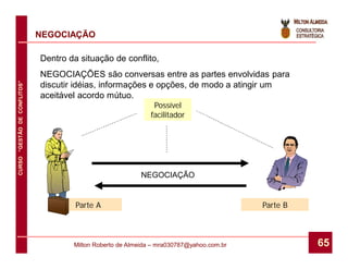 NEGOCIAÇÃO

                              Dentro da situação de conflito,
                              NEGOCIAÇÕES são conversas entre as partes envolvidas para
CURSO “GESTÃO DE CONFLITOS”




                              discutir idéias, informações e opções, de modo a atingir um
                              aceitável acordo mútuo.
                                                                Possível
                                                               facilitador




                                                           NEGOCIAÇÃO


                                       Parte A                                             Parte B



                                      Milton Roberto de Almeida – mra030787@yahoo.com.br             65
 
