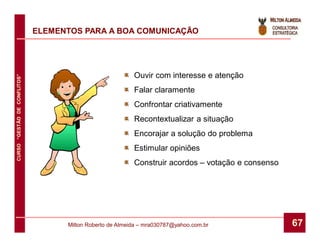 ELEMENTOS PARA A BOA COMUNICAÇÃO




                                                           Ouvir com interesse e atenção
CURSO “GESTÃO DE CONFLITOS”




                                                           Falar claramente
                                                           Confrontar criativamente
                                                           Recontextualizar a situação
                                                           Encorajar a solução do problema
                                                           Estimular opiniões
                                                           Construir acordos – votação e consenso




                                    Milton Roberto de Almeida – mra030787@yahoo.com.br              67
 