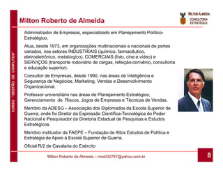 Milton Roberto de Almeida
                               Administrador de Empresas, especializado em Planejamento Político-
                               Estratégico.
                               Atua, desde 1973, em organizações multinacionais e nacionais de portes
                               variados, nos setores INDUSTRIAIS (químico, farmacêutico,
CURSO “GESTÃO DE CONFLITOS”




                               eletroeletrônico, metalúrgico), COMERCIAIS (foto, cine e vídeo) e
                               SERVIÇOS (transporte rodoviário de cargas, refeição-convênio, consultoria
                               e educação superior).
                               Consultor de Empresas, desde 1990, nas áreas de Inteligência e
                               Segurança de Negócios, Marketing, Vendas e Desenvolvimento
                               Organizacional.
                               Professor universitário nas áreas de Planejamento Estratégico,
                               Gerenciamento de Riscos, Jogos de Empresas e Técnicas de Vendas.
                               Membro da ADESG – Associação dos Diplomados da Escola Superior de
                               Guerra, onde foi Diretor da Expressão Científica-Tecnológica do Poder
                               Nacional e Pesquisador da Diretoria Estadual de Pesquisas e Estudos
                               Estratégicos.
                               Membro instituidor da FAEPE – Fundação de Altos Estudos de Política e
                               Estratégia de Apoio à Escola Superior de Guerra.
                               Oficial R/2 de Cavalaria do Exército

                                          Milton Roberto de Almeida – mra030787@yahoo.com.br               8
 