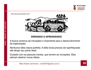 http://www.squarewheels.com/
CURSO “GESTÃO DE CONFLITOS”




                                                             ERRANDO E APRENDENDO
                              A busca contínua de inovações é importante para o desenvolvimento
                              da organização.
                              Nenhuma idéia nasce perfeita. A idéia bruta precisa ser aperfeiçoada
                              até atingir seu ponto ideal.
                              Cuidado com as pessoas inertes, que temem as inovações. Elas
                              adoram destruir novas idéias.

                                          Milton Roberto de Almeida – mra030787@yahoo.com.br         80
 