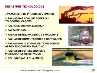 DESASTRES TECNOLÓGICOS VAZAMENTO DE PRODUTOS QUÍMICOS FALHAS NAS COMUNICAÇÕES OU TELECOMUNICAÇÕES FALTA DE ENERGIA ELÉTRICA FALTA DE GÁS FALHAS DE EQUIPAMENTOS E MÁQUINAS FALHAS DE COMPUTADORES E SOFTWARES FALHAS NOS SISTEMAS DE TRANSPORTES AÉREO, RODOVIÁRIO, MARÍTIMO. FALHAS DE FORNECEDORES E PRESTADORES DE SERVIÇOS POLUIÇÃO (AR, ÁGUA, SOLO) 