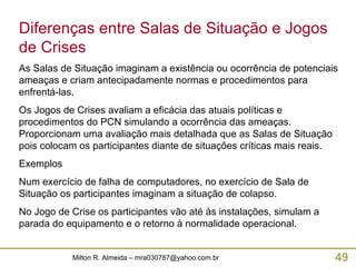 Diferenças entre Salas de Situação e Jogos de Crises As Salas de Situação imaginam a existência ou ocorrência de potenciais ameaças e criam antecipadamente normas e procedimentos para enfrentá-las. Os Jogos de Crises avaliam a eficácia das atuais políticas e procedimentos do PCN simulando a ocorrência das ameaças. Proporcionam uma avaliação mais detalhada que as Salas de Situação pois colocam os participantes diante de situações críticas mais reais. Exemplos Num exercício de falha de computadores, no exercício de Sala de Situação os participantes imaginam a situação de colapso. No Jogo de Crise os participantes vão até às instalações, simulam a parada do equipamento e o retorno à normalidade operacional.  