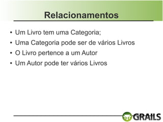Relacionamentos
●   Um Livro tem uma Categoria;
●   Uma Categoria pode ser de vários Livros
●   O Livro pertence a um Autor
●   Um Autor pode ter vários Livros
 