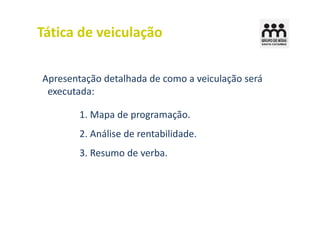 Tática de veiculação

Apresentação detalhada de como a veiculação será
 executada:

        1. Mapa de programação.
        2. Análise de rentabilidade.
        3. Resumo de verba.
 