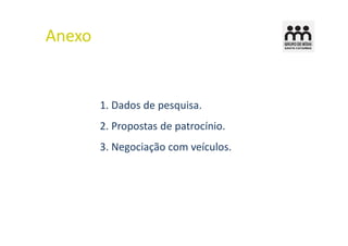 Anexo


        1. Dados de pesquisa.
        2. Propostas de patrocínio.
        3. Negociação com veículos.
 