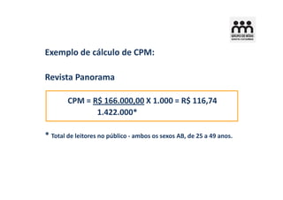 Exemplo de cálculo de CPM:

Revista Panorama

        CPM = R$ 166.000,00 X 1.000 = R$ 116,74
               1.422.000*

* Total de leitores no público - ambos os sexos AB, de 25 a 49 anos.
 