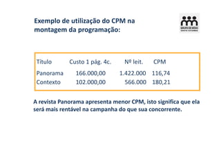 Exemplo de utilização do CPM na
montagem da programação:



 Título      Custo 1 pág. 4c.    Nº leit.   CPM
 Panorama      166.000,00       1.422.000 116,74
 Contexto      102.000,00         566.000 180,21

A revista Panorama apresenta menor CPM, isto significa que ela
será mais rentável na campanha do que sua concorrente.
 
