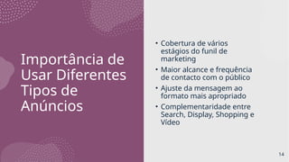 Importância de
Usar Diferentes
Tipos de
Anúncios
• Cobertura de vários
estágios do funil de
marketing
• Maior alcance e frequência
de contacto com o público
• Ajuste da mensagem ao
formato mais apropriado
• Complementaridade entre
Search, Display, Shopping e
Vídeo
14
 