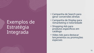 Exemplos de
Estratégia
Integrada
• Campanha de Search para
gerar conversões diretas
• Campanha de Display para
remarketing e notoriedade
• Shopping Ads para
produtos específicos em
catálogo
• Vídeo Ads para destacar
lançamentos ou promoções
especiais
15
 