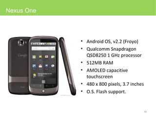 Android OS, v2.2 (Froyo) Qualcomm Snapdragon QSD8250 1 GHz processor 512MB RAM AMOLED capacitive touchscreen 480 x 800 pixels, 3.7 inches O.S. Flash support. Nexus One 