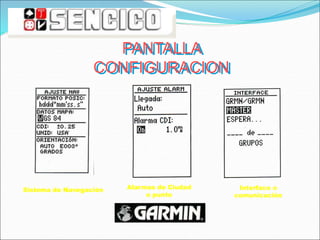 PANTALLA
CONFIGURACION
Interface o
comunicación
Sistema de Navegación Alarmas de Ciudad
o punto
 