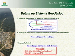 Curso Básico GPS de Navegação
UO-AM/EXP/GDS
Datum ou Sistema GeodésicoDatum ou Sistema Geodésico
 Definição um elipsóide de revolução como modelo da Terra.
 Posição do centro do elipsóide relativamente ao centro de massa da Terra.
Rede de Referência
Topocêntricos x Geocêntricos
Atenção:
SAD-69 e SIRGAS (oficial do Brasil)
WGS-84 => Sistema GPS
Materialização do Sistema de Referência
 