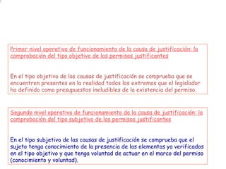 Primer nivel operativo de funcionamiento de la causa de justificación: la
comprobación del tipo objetivo de los permisos justificantes
En el tipo objetivo de las causas de justificación se comprueba que se
encuentren presentes en la realidad todos los extremos que el legislador
ha definido como presupuestos ineludibles de la existencia del permiso.
Segundo nivel operativo de funcionamiento de la causa de justificación: la
comprobación del tipo subjetivo de los permisos justificantes
En el tipo subjetivo de las causas de justificación se comprueba que el
sujeto tenga conocimiento de la presencia de los elementos ya verificados
en el tipo objetivo y que tenga voluntad de actuar en el marco del permiso
(conocimiento y voluntad).
 