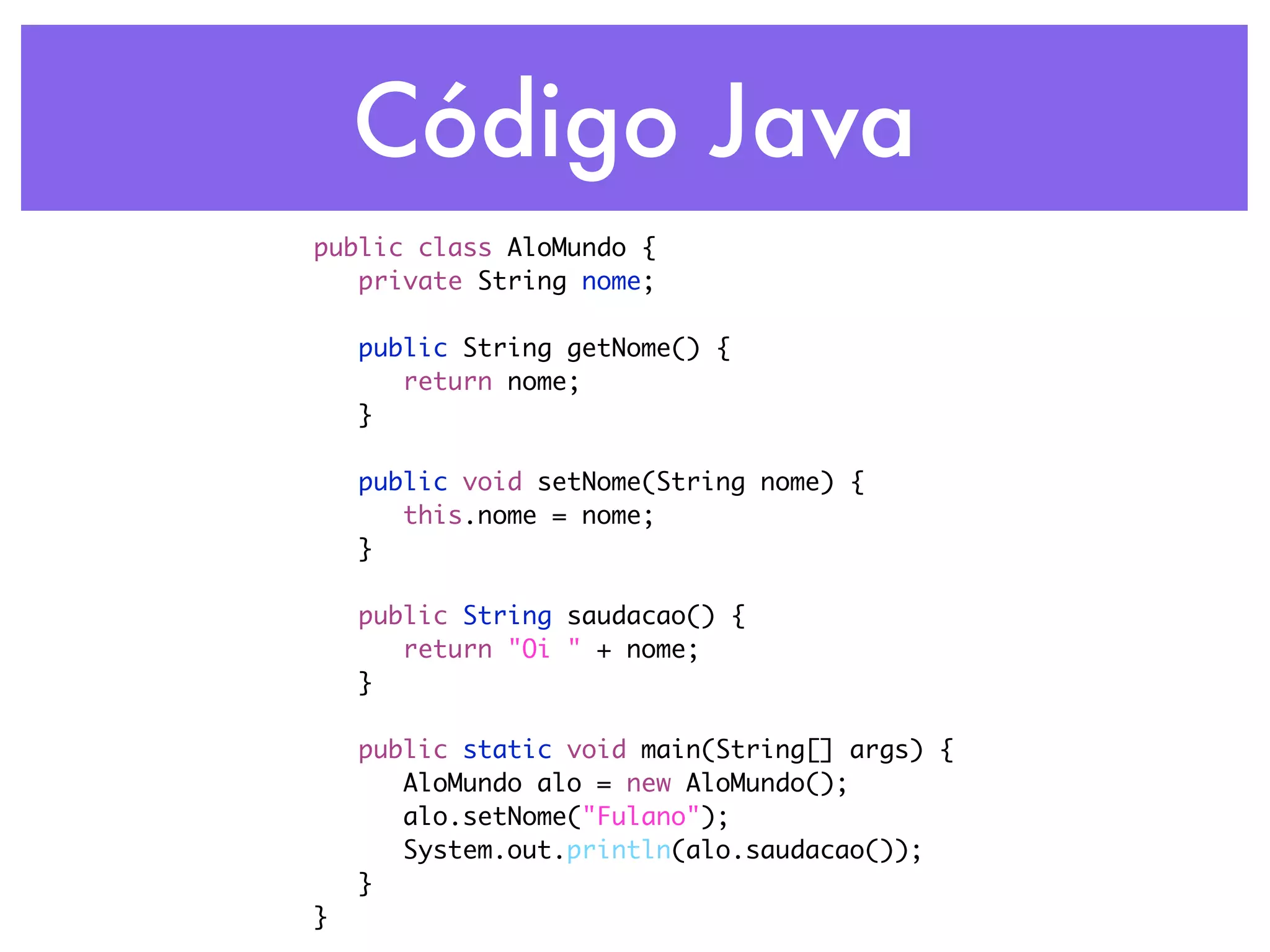 Código Java public class AloMundo { private String nome; public String getNome() { return nome; } public void setNome(String nome) { this.nome = nome; } public String saudacao() { return "Oi " + nome; } public static void main(String[] args) { AloMundo alo = new AloMundo(); alo.setNome("Fulano"); System.out.println(alo.saudacao()); } } 