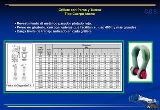 Grillete con Perno y Tuerca
Tipo Cuerpo Ancho
• Revestimiento di metálico pasador pintado rojo.
• Perno no giratorio, con agarraderas que facilitan su uso 400 t y más grandes.
• Carga límite de trabajo indicado en cada grillete.
C.B.B.
 