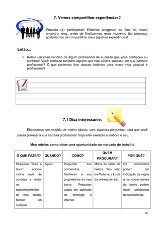 10
7. Vamos compartilhar experiências?
Prezado (a) participante! Estamos chegando ao final do nosso
encontro, mas, antes de finalizarmos esse momento tão precioso,
gostaríamos de compartilhar mais algumas experiências!
Então...
 Relate um caso verídico de algum profissional de sucesso que você conheceu ou
conhece! Você conhece também alguém que não obteve sucesso em sua carreira
profissional? O que podemos tirar dessas histórias para nossa vida pessoal e
profissional?
7.1 Dica interessante:
Elaboramos um modelo de roteiro básico, com algumas perguntas, para que você
possa planejar a sua carreira profissional. Veja este exemplo e elabore o seu.
Meu roteiro: como obter uma oportunidade no mercado de trabalho
O QUE FAZER? QUANDO? COMO?
QUEM
PROCURAR?
POR QUÊ?
Pesquisar “boca a
boca”; acionar
minha rede de
contatos e visitar
os
estabelecimentos
do meu bairro.
Montar um
currículo.
Agora. Perguntar aos
conhecidos,
familiares e aos
proprietários do meu
bairro. Pesquisar
vagas em agências
de emprego e
internet.
Maria do salão de
beleza; Seu João
da Padaria; a Luzia
da pré-escola, etc.
Os conhecidos
podem ter
indicação de vagas
e os comerciantes
do bairro podem
estar precisando
de funcionários.
 