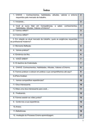 1
Índice
1. CHAVE – Conhecimentos, habilidades, atitudes, valores e entorno
requeridos pelo mercado de trabalho.
2
1.1 Iniciando... 2
2. Você já ouviu falar em Competências, a saber, conhecimentos,
Habilidades, Atitudes, Valores e Entorno?
3
2.1 Vamos refletir? 3
2.2 Vamos refletir? 4
3. Em relação ao atual mercado de trabalho, quais as exigências requeridas
ao profissional moderno?
3.1Momento Reflexão 5
4. Vamos praticar? 6
4.1Dinâmica da Ilha. 6
5. VOCÊ SABIA? 7
5.1O declínio da Criatividade. 7
6. CHAVE: Conhecimentos, Habilidades, Atitudes, Valores e Entorno. 8
6.1Vamos praticar e colocar em prática o que compartilhamos até aqui? 8
6.2Para Analisar. 9
7. Vamos compartilhar experiências? 10
7.1 Dica Interessante. 10
7.2 Mais uma dica interessante para você.... 11
8. Finalizando. 12
8.1Vamos assistir ao vídeo juntos? 12
9. Conte-nos a sua experiência. 12
10.Anexo. 14
11.Referências. 16
12. Avaliação do Processo Ensino-aprendizagem. 17
 