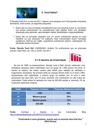 7
5. Você Sabia?
A Revista Você S.A, no ano de 2011, realizou uma pesquisa com trinta grandes empresas
abordando, entre outras, as seguintes perguntas:
 Quais são as cinco principais competências que sua empresa busca ou vai buscar
nos jovens profissionais? As competências mais citadas foram: pro atividade,
disposição para aprender, aprendizagem rápida, flexibilidade e responsabilidade.
 Quais são os principais aspectos que um jovem profissional precisa ter para
trabalhar na sua empresa? Os aspectos mais mencionados foram: formação
acadêmica, fluência em inglês, experiência profissional anterior, participação em
atividades extracurriculares.
Fonte: Revista Você S/A. GIARDIANO, Andréa. Os profissionais que as empresas
querem. São Paulo, ed. 155, p. 62-63, mar.2011.
5.1 O declínio da Criatividade
No ano de 1968, os pesquisadores George Land e Beth Jarman realizaram uma
reveladora pesquisa sobre criatividade com um grupo de 1.600 jovens nos EUA. O
estudo se baseou nos testes usados pela NASA para seleção de cientistas e
engenheiros inovadores. No primeiro teste as crianças tinham entre 3 e 5 anos e 98%
apresentaram alta criatividade; o mesmo grupo foi testado aos 10 anos e este
percentual caiu para 30%; aos 15 anos, somente 12% mantiveram um alto índice de
criatividade. Teste similar foi aplicado em mais de 200.000 adultos e, somente, 2% se
mostraram altamente criativos.
Idade Pessoas Testadas Pessoas Altamente Criativas
5 1.600 98%
10 Mesmo grupo 30%
15 Mesmo grupo 12%
25 200.000 2%
Fonte: Conheça e Explore a sua Criatividade. Blog:
http://criatividadeaplicada.com/2007/01/27/pimeira-pagina/
“Criatividade é como ginástica: quanto mais se exercita mais forte fica.”
(Walt Disney)
 