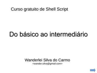 Curso gratuito de Shell Script
Wanderlei Silva do Carmo
<wander.silva@gmail.com>
Do básico ao intermediárioDo básico ao intermediário
 