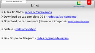 Links
Curso Grátis - MikroTik do Zero
➢Aulas AO VIVO - redes.cc/curso-gratis
➢Download do Lab completo 7GB - redes.cc/lab-completo
➢Download do Lab somente (desenho e imagens) - redes.cc/arquivos-eve
➢Sorteio - redes.cc/sorteio
➢Link Grupo do Telegram - redes.cc/grupo-telegram
15
 