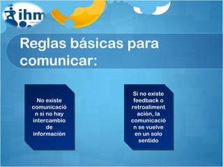 Reglas básicas para comunicar: No existe comunicación si no hay intercambio de información Si no existe feedback o retroalimentación, la comunicación se vuelve en un solo sentido 