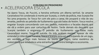 •  ACELERADORA ESCOLA
Na	
   ópera	
   Tosca,	
   de	
   Puccini,	
   a	
   heroína	
   enfrenta	
   um	
   dilema	
   terrível.	
   Se	
   amante	
  
Cavaradossi	
  foi	
  condenado	
  à	
  morte	
  por	
  Scarpia,	
  o	
  chefe	
  de	
  polícia,	
  mas	
  Scarpia	
  lhe	
  
fez	
  uma	
  proposta.	
  Se	
  Tosca	
  for	
  com	
  ele	
  para	
  a	
  cama,	
  ele	
  poupará	
  a	
  vida	
  de	
  seu	
  
amante,	
  pedindo	
  ao	
  pelotão	
  de	
  fuzilamento	
  que	
  use	
  balas	
  de	
  festim.	
  Tosca	
  resolve	
  
enganar	
  Scarpia	
  concordando	
  com	
  seu	
  pedido,	
  matando-­‐o	
  a	
  facadas	
  depois	
  que	
  
ele	
   dá	
   a	
   ordem	
   para	
   usar	
   cartuchos	
   de	
   festim.	
   Tarde	
   demais	
   ela	
   descobre	
   que	
  
Scarpia	
   também	
   a	
   enganara.	
   O	
   pelotão	
   de	
   fuzilamento	
   usa	
   balas	
   reais;	
  
Cavaradossi	
   morre.	
   Tosca	
   se	
   suicida.	
   Os	
   três	
   acabam	
   mortos.	
   Apesar	
   de	
   não	
  
entender	
  a	
  coisa	
  desta	
  maneira,	
  Tosca	
  e	
  Scarpia	
  estavam	
  participando	
  de	
  um	
  jogo,	
  
em	
   verdade,	
   o	
   jogo	
   mais	
   famoso	
   da	
   teoria	
   dos	
   jogos,	
   ramo	
   esotérico	
   da	
  
matemática	
  que	
  estabelece	
  uma	
  estranha	
  ligação	
  entre	
  biologia	
  e	
  a	
  economia.	
  	
  
O	
  DILEMA	
  DO	
  PRISIONEIRO	
  
 