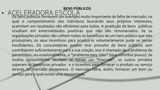 •  ACELERADORA ESCOLAOs	
  bens	
  públicos	
  fornecem	
  um	
  exemplo	
  muito	
  importante	
  de	
  falha	
  de	
  mercado,	
  na	
  
qual	
   o	
   comportamento	
   dos	
   indivíduos	
   buscando	
   seus	
   próprios	
   interesses,	
  
acarretam	
  em	
  resultados	
  não	
  eﬁcientes	
  para	
  todos.	
  A	
  produção	
  de	
  bens	
  	
  públicos	
  
resultam	
   em	
   externalidades	
   positivas	
   que	
   não	
   são	
   remunerados.	
   Se	
   as	
  
organizações	
  privadas	
  não	
  colhem	
  todos	
  os	
  benefícios	
  de	
  um	
  bem	
  público	
  que	
  eles	
  
produziram,	
   os	
   seus	
   incentivos	
   para	
   produzi-­‐lo	
   voluntariamente	
   pode	
   se	
   tornar	
  
insuﬁcientes.	
   Os	
   consumidores	
   podem	
   tirar	
   proveito	
   de	
   bens	
   públicos	
   sem	
  
contribuirem	
  suﬁcientemente	
  para	
  a	
  sua	
  criação.	
  Isso	
  é	
  chamado	
  de	
  o	
  problema	
  do	
  
parasitismo,	
  ou	
  ocasionalmente,	
  o	
  "problema	
  easy	
  rider"	
  (que	
  contribui	
  pouco).	
  Se	
  
muitos	
   consumidores	
   decidem	
   se	
   tornar	
   um	
   "free-­‐ride",	
   os	
   custos	
   privados	
  
superam	
  os	
  benefícios	
  privados	
   	
  e	
  o	
  incentivo	
  para	
  fornecer	
  o	
  produto	
  ou	
  serviço	
  
através	
   do	
   mercado	
   desaparece.	
   O	
   mercado	
   falha,	
   assim,	
   fornecer	
   um	
   bem	
   ou	
  
serviço	
  para	
  o	
  qual	
  existe	
  uma	
  necessidade.	
  	
  
BENS	
  PÚBLICOS	
  
 