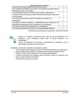 Herramientas para la evaluación
SE-IDDIEC Página 20
Se prevén actividades colaborativas entre los alumnos.
Se consideran actividades que incluyen a los alumnos con algún tipo de
dificultad para que no se rezague.
Las actividades propician que los alumnos analicen, seleccionen y
clasifiquen la información que recaban durante el desarrollo de su proceso
de aprendizaje.
Los alumnos construyen productos parciales que ayudan a su
aprendizaje.
Consideran diversos momentos y modalidades para la evaluación del
aprendizaje (autoevaluación de los alumnos y la del profesor).
Se incluyen procesos de autoevaluación y coevaluación.
Los alumnos reflexionan en relación con los aprendizajes logrados.
Tomado del curso Proyectar la enseñanza. Educación Primaria
Analice si se observa congruencia entre cada uno de los elementos de la
planeación. ¿Qué congruencia existe entre el enfoque didáctico y la
metodología?
¿Cómo se relacionan las técnicas e instrumentos de evaluación con los
aprendizajes esperados y los contenidos?
Establezca conclusiones respecto a los siguientes puntos:
o ¿Por qué debe haber congruencia entre los diferentes elementos de la planeación?
o ¿Qué considera debe modificar al planear para incorporar adecuadamente el
enfoque formativo de la evaluación en sus secuencias didácticas?
o ¿Cuáles son los tipos de evaluación que se necesitan utilizar a lo largo del ciclo
escolar, según el enfoque formativo?
o ¿Para qué sirve cada uno de ellos?
 