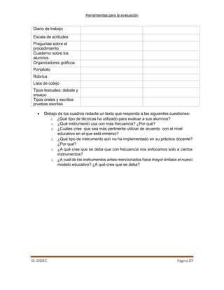 Herramientas para la evaluación
SE-IDDIEC Página 27
Diario de trabajo
Escala de actitudes
Preguntas sobre el
procedimiento
Cuaderno sobre los
alumnos
Organizadores gráficos
Portafolio
Rúbrica
Lista de cotejo
Tipos textuales: debate y
ensayo
Tipos orales y escritos:
pruebas escritas
• Debajo de los cuadros redacte un texto que responda a las siguientes cuestiones:
o ¿Qué tipo de técnicas ha utilizado para evaluar a sus alumnos?
o ¿Qué instrumento usa con más frecuencia? ¿Por qué?
o ¿Cuáles cree que sea más pertinente utilizar de acuerdo con el nivel
educativo en el que está inmerso?
o ¿Qué tipo de instrumento aún no ha implementado en su práctica docente?
¿Por qué?
o ¿A qué cree que se deba que con frecuencia nos enfocamos solo a ciertos
instrumentos?
o ¿A cuál de los instrumentos antes mencionados hace mayor énfasis el nuevo
modelo educativo? ¿A qué cree que se deba?
 