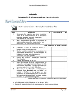 Herramientas para la evaluación
SE-IDDIEC Página 37
Actividades
Autoevaluación de la implementación del Proyecto integrador
Realice la autoevaluación sobre la implementación de su PAE:
Núm. Aspectos SÍ Parcialmente No
1 Reconozco los aspectos que debo considerar
antes de la implementación de la secuencia
didáctica planeada (tiempos, materiales,
instrumentos de evaluación).
2 Doy a conocer a mis alumnos los propósitos de
la actividad a desarrollar, los productos que
elaboraron y las formas de evaluación.
En el desarrollo de las actividades
3 Establezco un clima de confianza, diálogo y
respeto mutuo con mis alumnos.
4 Realizo una intervención docente acorde con los
aprendizajes esperados y las necesidades de
mis alumnos; hago las modificaciones
necesarias para que aprendan.
5 Pongo en práctica estrategias didácticas
diversificadas.
6 Atiendo la diversidad de mi aula.
7 Utilizo estrategias, técnicas e instrumentos de
evaluación que me permiten identificar el nivel de
logro de mis alumnos y, a la vez, reconocer qué
tan eficaz fue mi intervención didáctica.
8 Recupero una muestra de los productos de mis
alumnos como evidencia de los logros, los
analizo y clasifico en tres grupos: Los que
evidencian un aprendizaje logrado, aquéllos que
dan cuenta de un aprendizaje parcial y, los que
muestran un aprendizaje no logrado.
Tomado del curso Proyectar la Enseñanza. Educación Primaria
• Copie y pegue la Autoevaluación en un Archivo Word.
• Debajo de la autoevaluación de respuesta a las siguientes cuestiones:
 