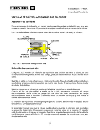 Capacitación – FINSA
Material del Estudiante
VÁLVULAS DE CONTROL ACCIONADAS POR SOLENOIDE
Accionador de solenoide
En un accionador de solenoide, un campo electromagnético activa un inducido que, a su vez,
mueve un pasador de empuje. El pasador de empuje mueve finalmente el carrete de la válvula.
Los dos accionadores más comunes de solenoide son el de espacio de aire y el húmedo.
Solenoide de espacio de aire
La figura 3.5.23 muestra un solenoide de espacio de aire. Cuando se activa la bobina, se crea
un campo electromagnético. Como todo campo, produce electricidad que fluye a través de un
cable.
Cuando el cable es recto, el campo es relativamente débil. Cuando el cable está enrollado en
una bobina, el campo electromagnético es mucho más fuerte. El campo toma forma circular
alrededor de la bobina.
Mientras mayor sea el número de vueltas en la bobina, mayor fuerza tendrá el campo.
Cuando el flujo de electricidad a través de la bobina permanece constante, el campo
electromagnético actúa como un campo de una barra de imán permanente. El campo
electromagnético atrae el inducido. El inducido activa un pasador de empuje y éste mueve el
carrete en la válvula de control.
El solenoide de espacio de aire está protegido por una cubierta. El solenoide de espacio de aire
también tiene un “accionador manual”.
El accionador manual hace que la válvula pueda activarse cuando el solenoide esté averiado o
se encuentre desarmado. Un pasador pequeño de metal se ubica en la cubierta. El pasador
está directamente en línea con el inducido. Cuando se empuja el pasador dentro de la cubierta,
mecánicamente mueve el inducido. El inducido mueve el pasador de empuje que, a su vez,
desplaza el carrete.
101
 