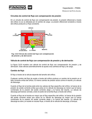 Capacitación – FINSA
Material del Estudiante
Circuitos de control de flujo con compensación de presión
En un circuito de control de flujo con compensación de presión, la presión diferencial a través
del orificio no se ve afectada por el cambio de carga. La presión diferencial constante a través
del orificio producirá un flujo constante.
Válvula de control de flujo con compensación de presión y de derivación
La figura 3.6.9 muestra una válvula de control de flujo con compensación de presión y de
derivación. Esta válvula automáticamente se ajusta a los cambios de flujo y de carga.
Cambio de flujo
El flujo a través de la válvula depende del tamaño del orificio.
Cualquier cambio del flujo de aceite a través del orificio produce un cambio de la presión en el
lado corriente arriba del orificio. El mismo cambio de presión actúa contra el resorte y la válvula
de descarga.
Cuando el flujo de la bomba está entre los valores de flujo específico del orificio, la fuerza de la
presión de aceite corriente arriba que actúa en la válvula de descarga es menor que la fuerza
combinada de la presión del aceite corriente abajo y la fuerza del resorte. La válvula de
descarga permanece cerrada y todo el aceite de la bomba fluye a través del orificio.
Cuando el flujo de la bomba es mayor que el flujo específico del orificio, la fuerza de la presión
del aceite corriente arriba que actúa en la válvula de descarga es mayor que la fuerza
combinada de la presión de aceite corriente abajo y la fuerza del resorte. La válvula de
descarga se abre y el aceite en exceso fluye, a través de la válvula de descarga, al tanque.
116
 