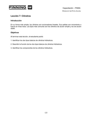 Capacitación – FINSA
Material del Estudiante
Lección 7: Cilindros
Lección 7: Cilindros
Introducción
En su forma más simple, los cilindros son accionadores lineales. Sus salidas son movimiento o
fuerza en línea recta. Los tipos más comunes son los cilindros de acción simple y los de acción
doble.
Objetivos
Al terminar esta lección, el estudiante podrá:
1. Identificar los dos tipos básicos de cilindros hidráulicos.
2. Describir la función de los dos tipos básicos de cilindros hidráulicos.
3. Identificar los componentes de los cilindros hidráulicos.
125
 